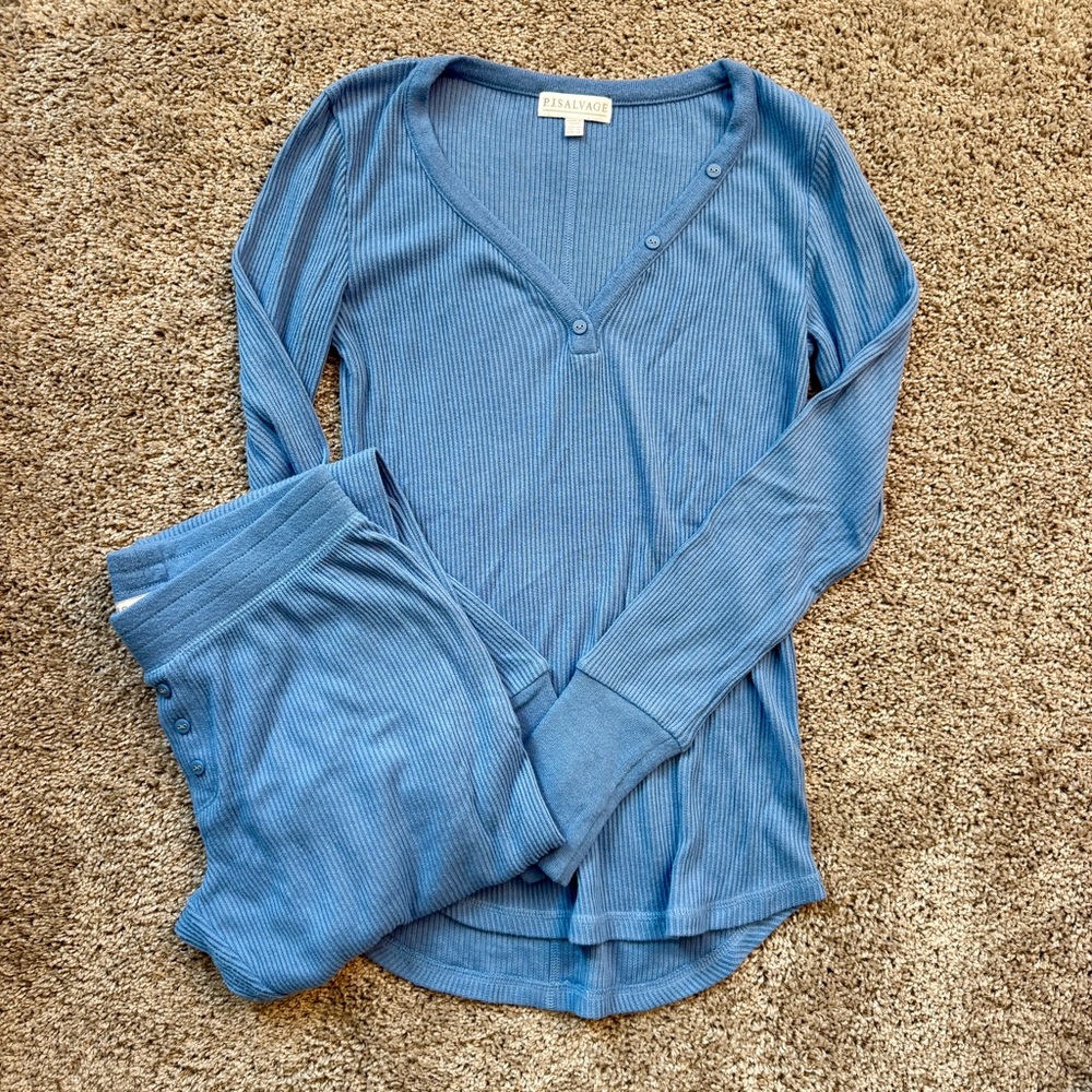 PJ Salvage Textured Essentials Long Pajama Set in Blue Tide XS